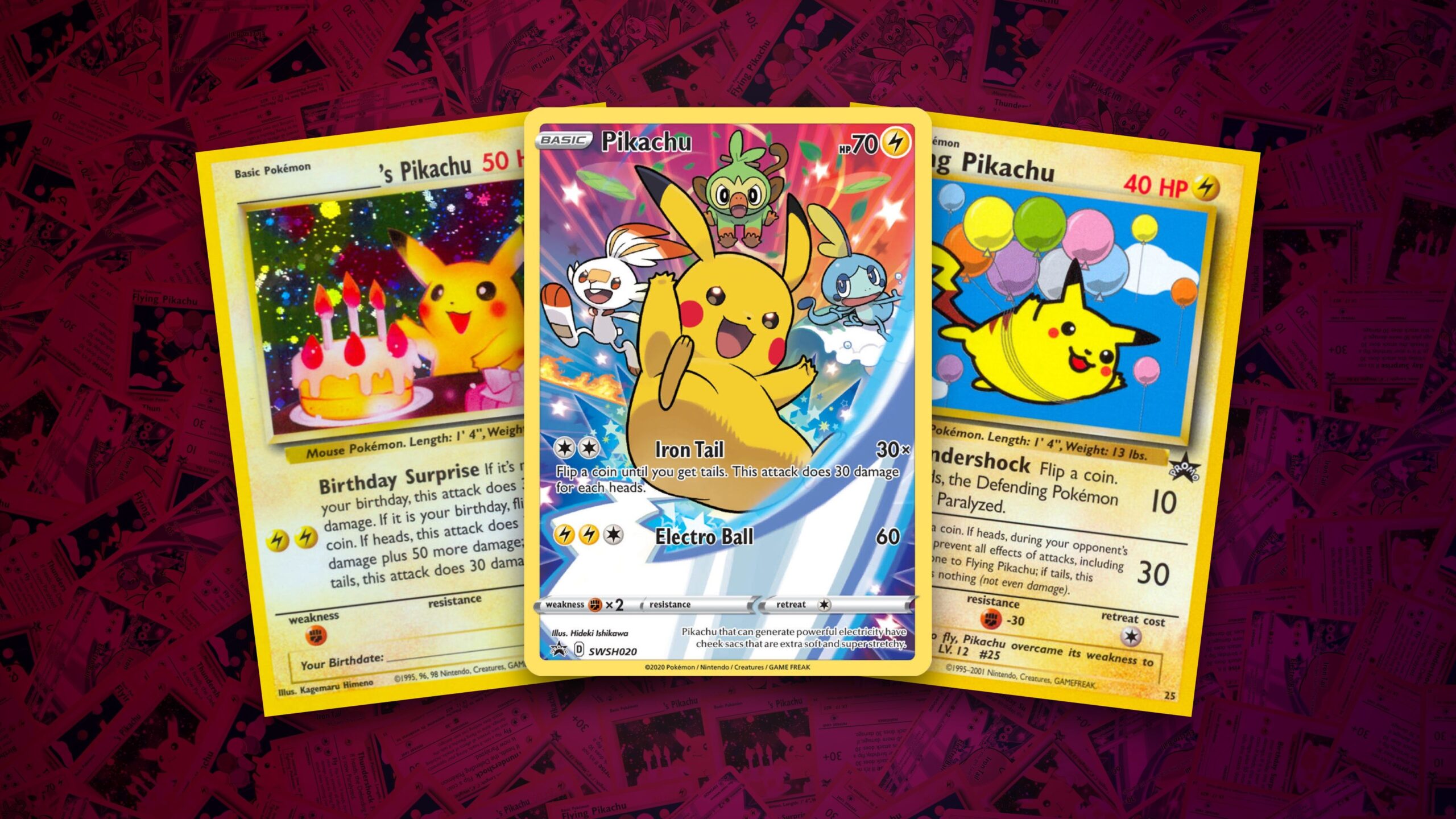 A collection of three Pikachu TCG cards. One is a full illustration with two starters, another sees PIkachu behind a birthday cake, and the final card shows the series mascot floating with air balloons.