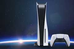 A PlayStation 5 console sits next to a DualSense controller, against a starry sky background.