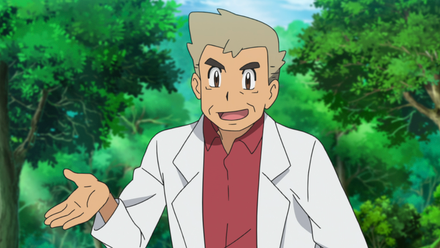 An image of Professor Oak gesturing as he teaches a group of young trainers about Pokemon.