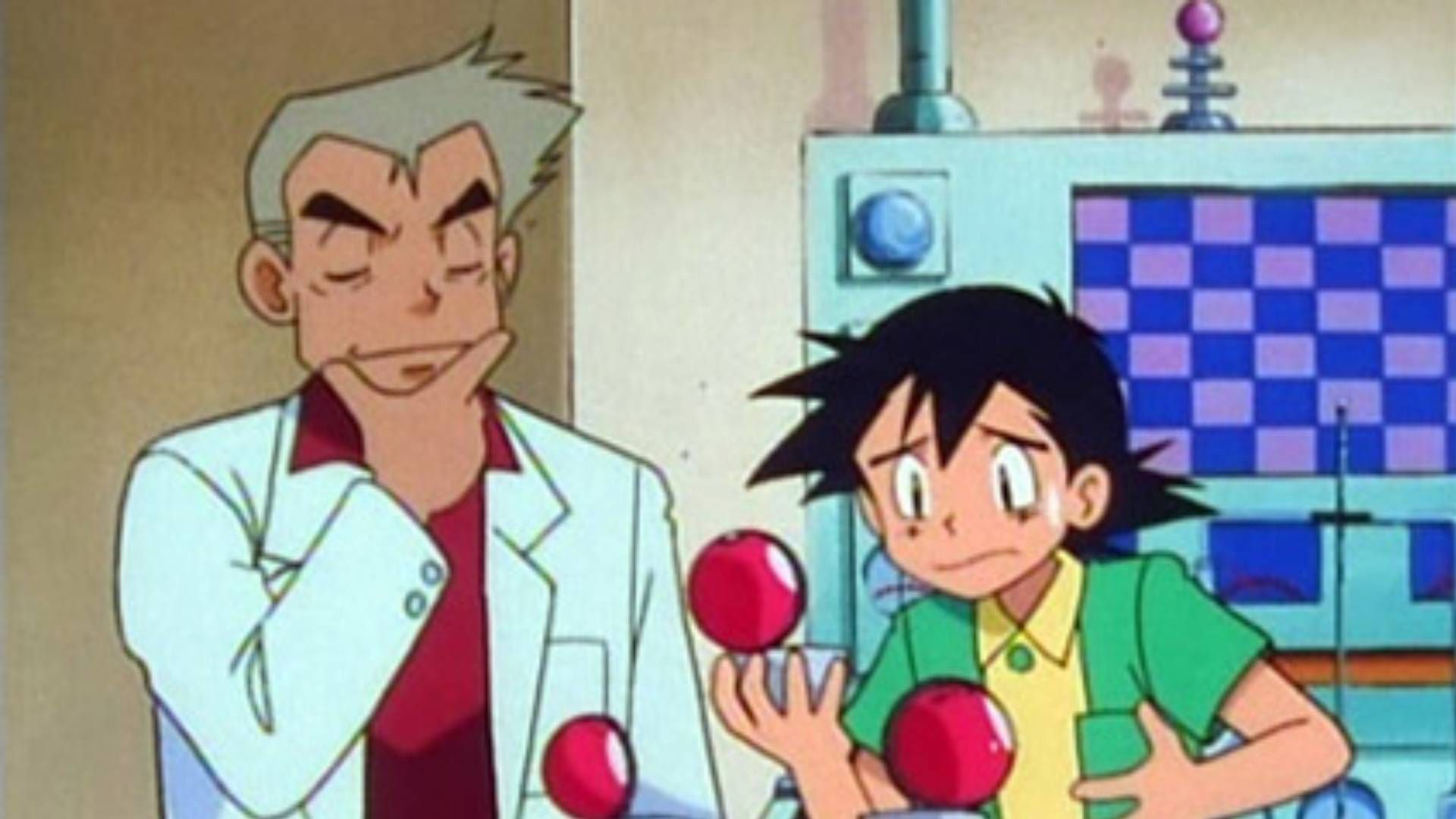 Ash choosing his starter Pokemon with Professor Oak.
