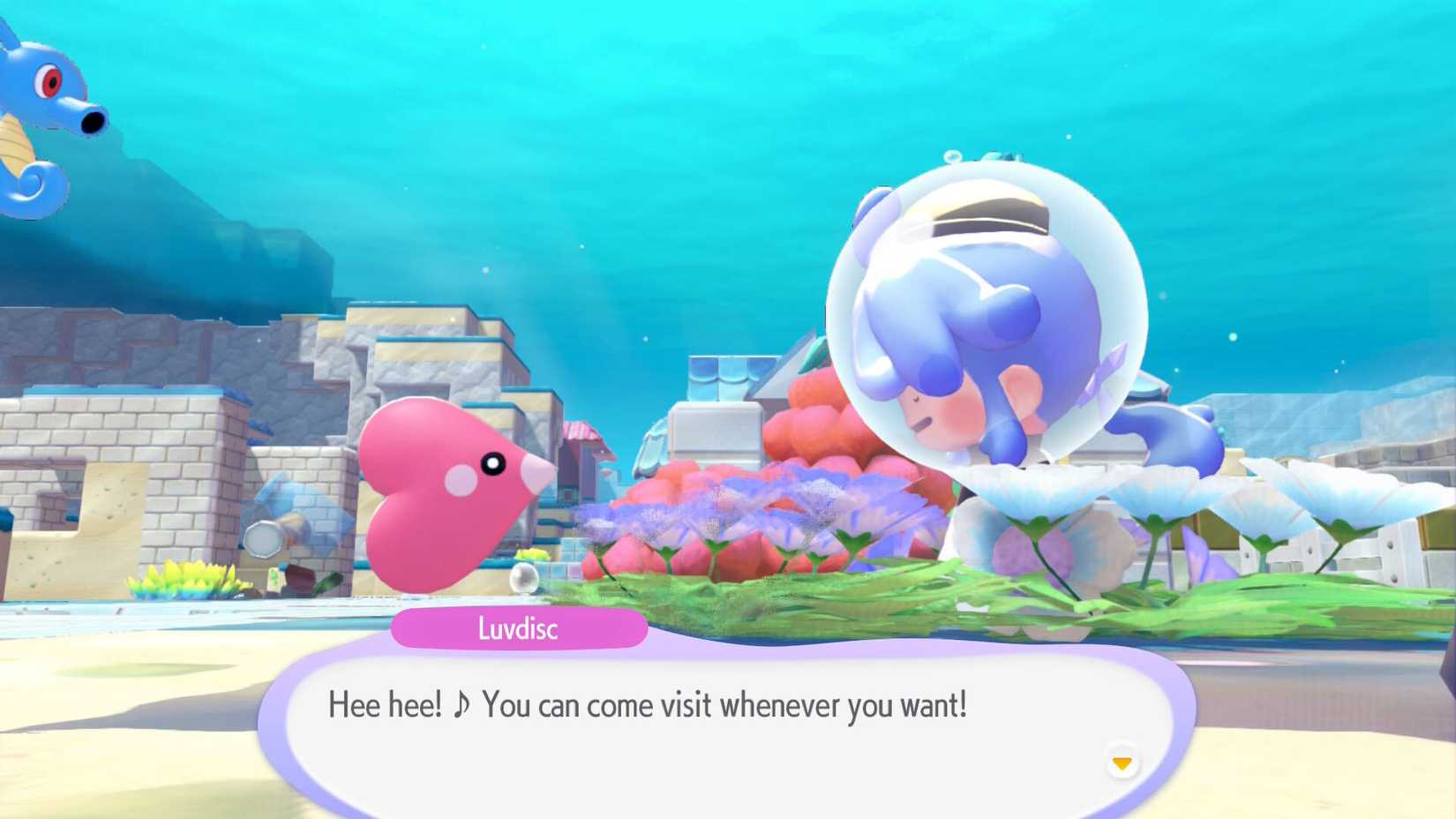 Ditto talks to Luvdisc in Pokemon Pokopia: Bubbly Basin.