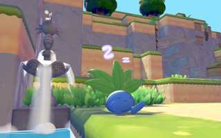 A sleeping Oddish in Pokopia next to a Horsea fountain