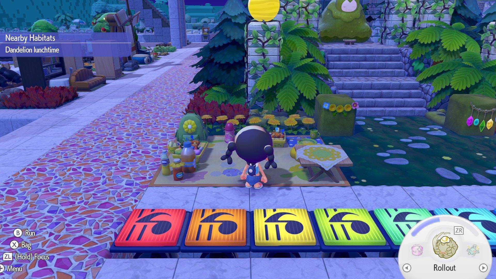 The player standing in front of the More Spores for Hoppip habitat items on the dev island in Pokémon Pokopia.