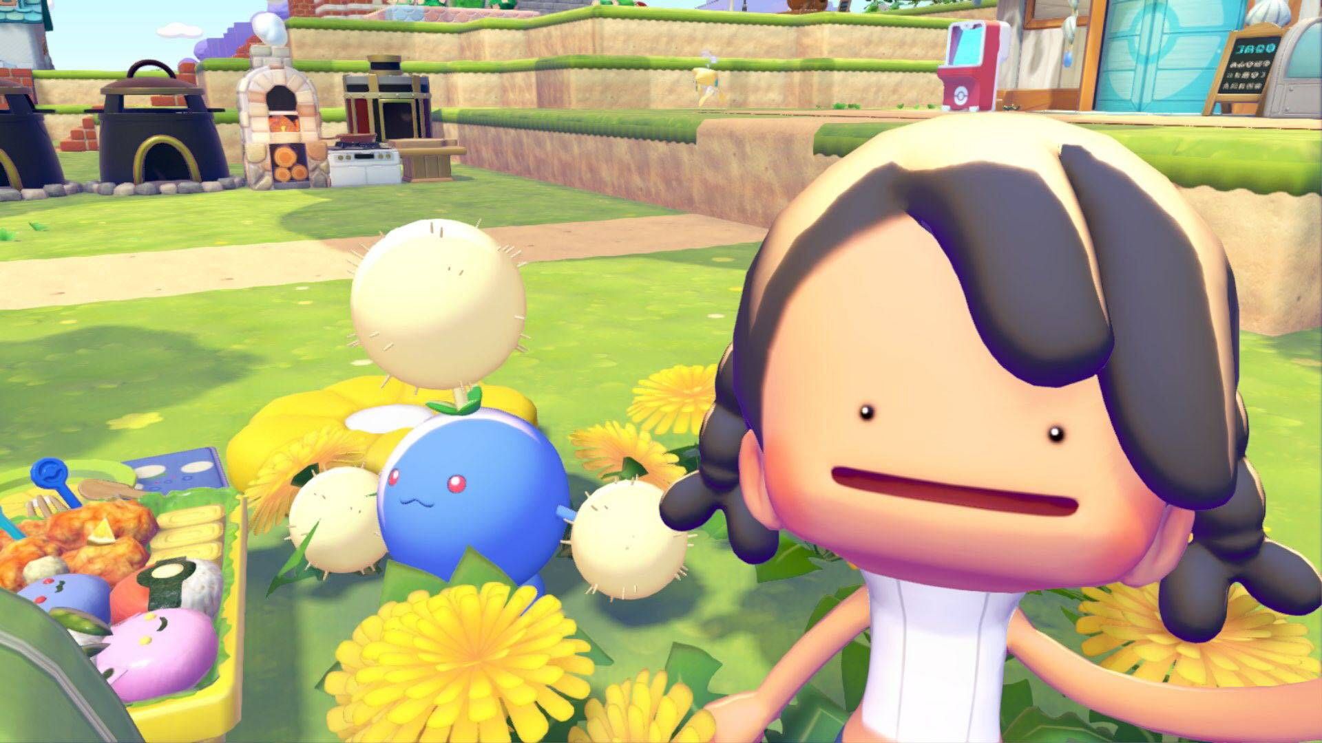 Ditto taking a selfie with Jumpluff in Pokémon Pokopia.