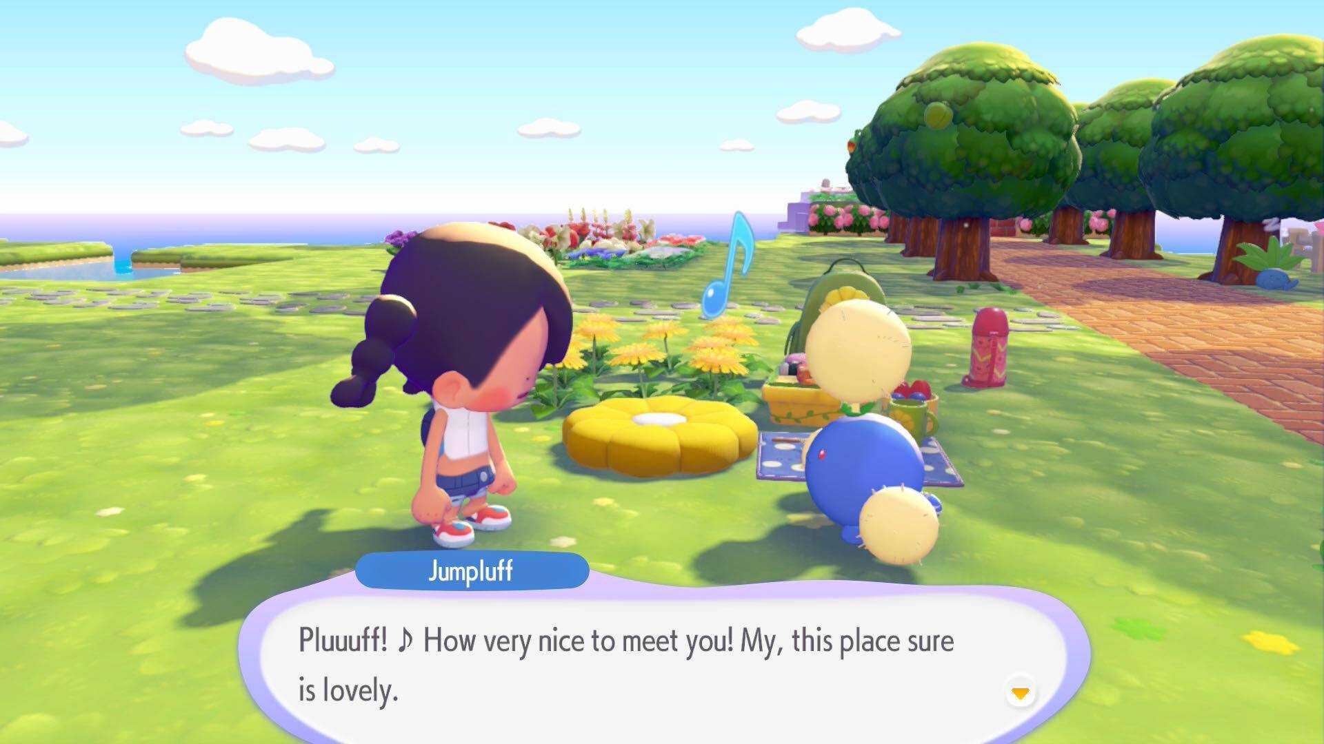 Ditto talking to Jumpluff in Pokémon Pokopia.