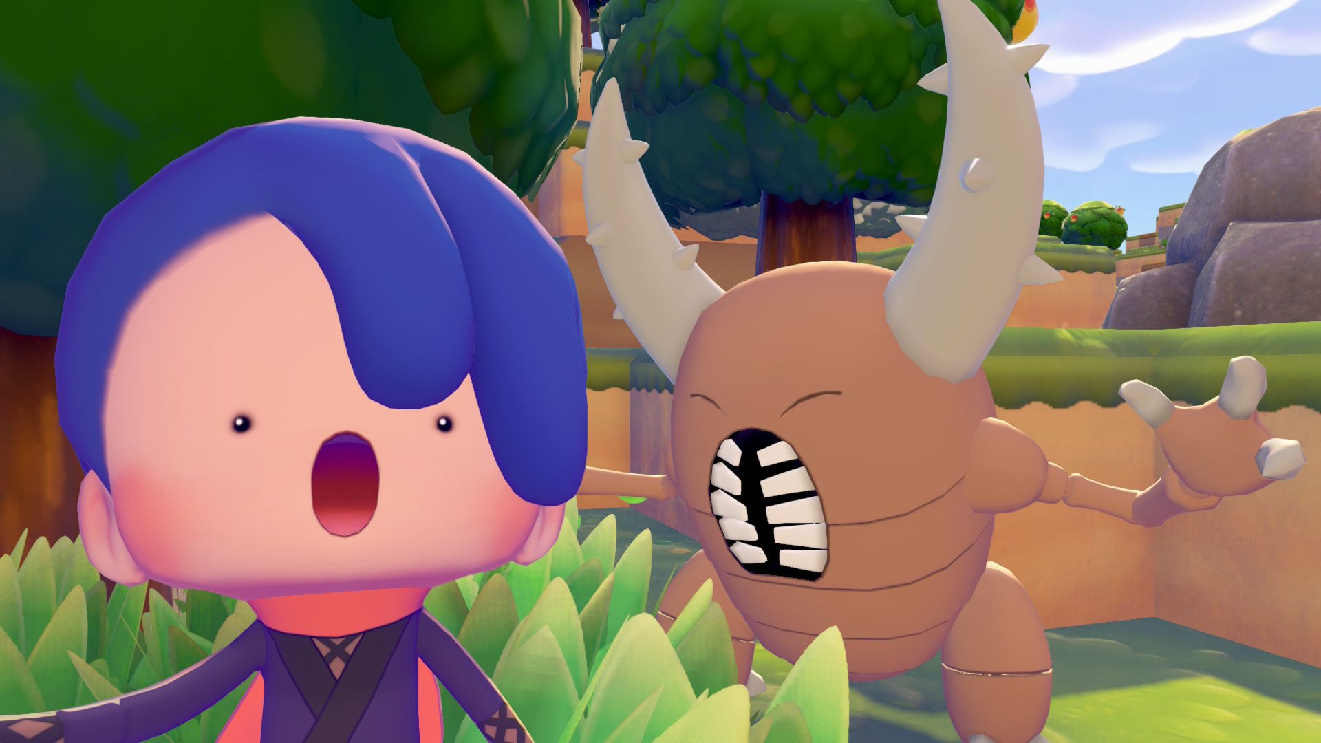 Ditto looking shocked as Pinsir talks in Pokemon Pokopia