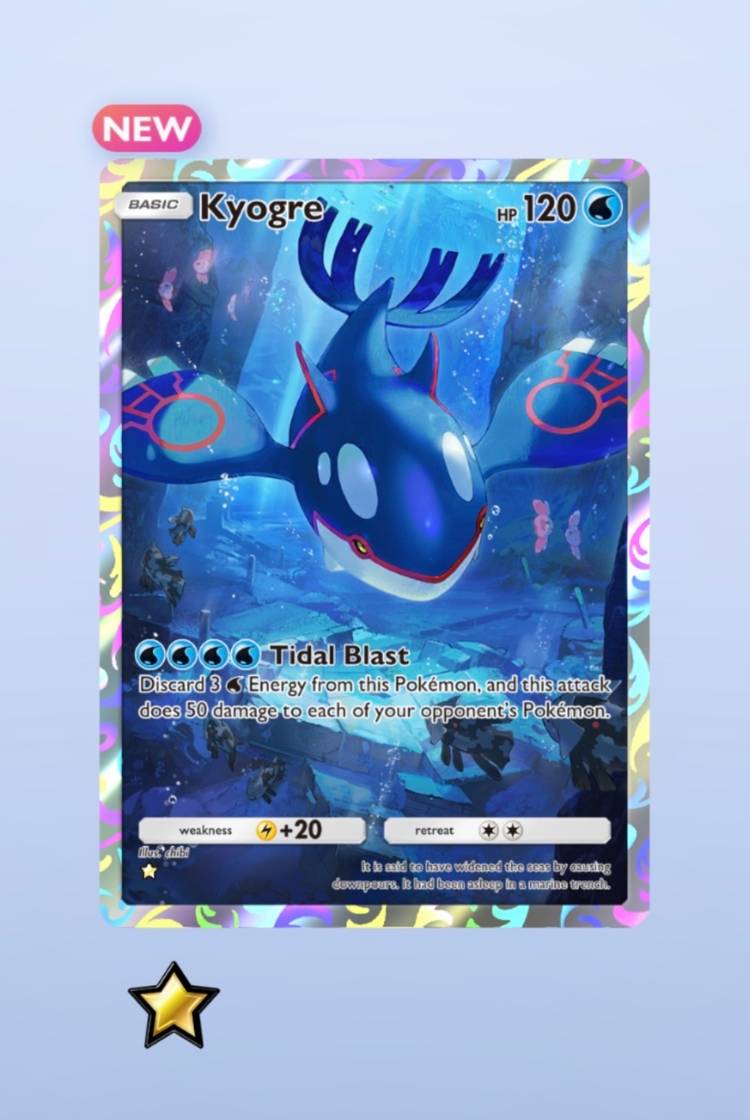 A full art Kyogre card appears in Pokemon Trading Card Game Pocket.