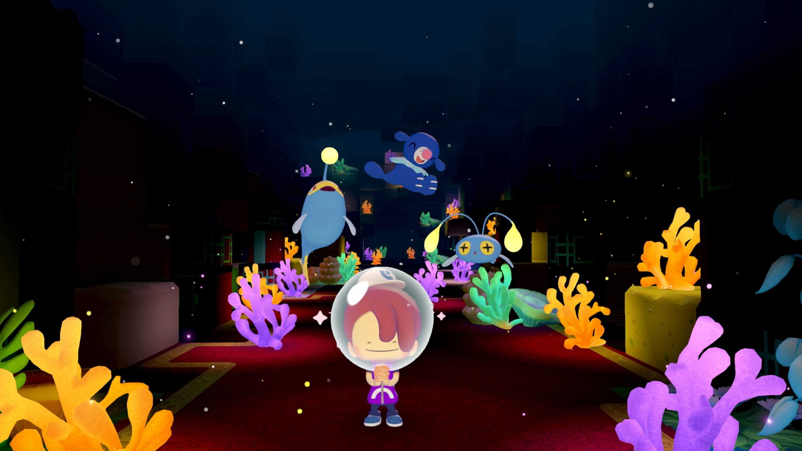 ditto hanging in the deep sea with Pokémon