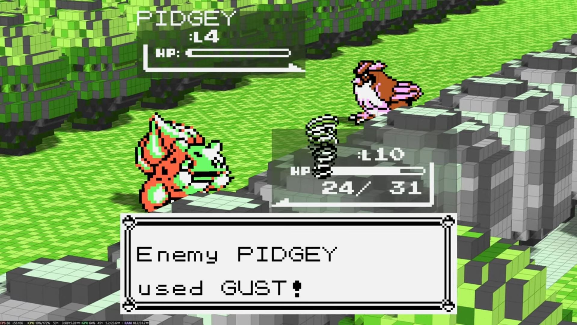 A battle for the 3D voxel mod of Pokemon Red and Blue. Starter Bulbasaur is hit by an attack from a wild Pidgey.
