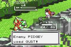 A battle for the 3D voxel mod of Pokemon Red and Blue. Starter Bulbasaur is hit by an attack from a wild Pidgey.