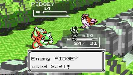 A battle for the 3D voxel mod of Pokemon Red and Blue. Starter Bulbasaur is hit by an attack from a wild Pidgey.