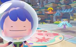 Ditto standing near an ocean pals rug with Stunfisk and Mareanie in Pokopia