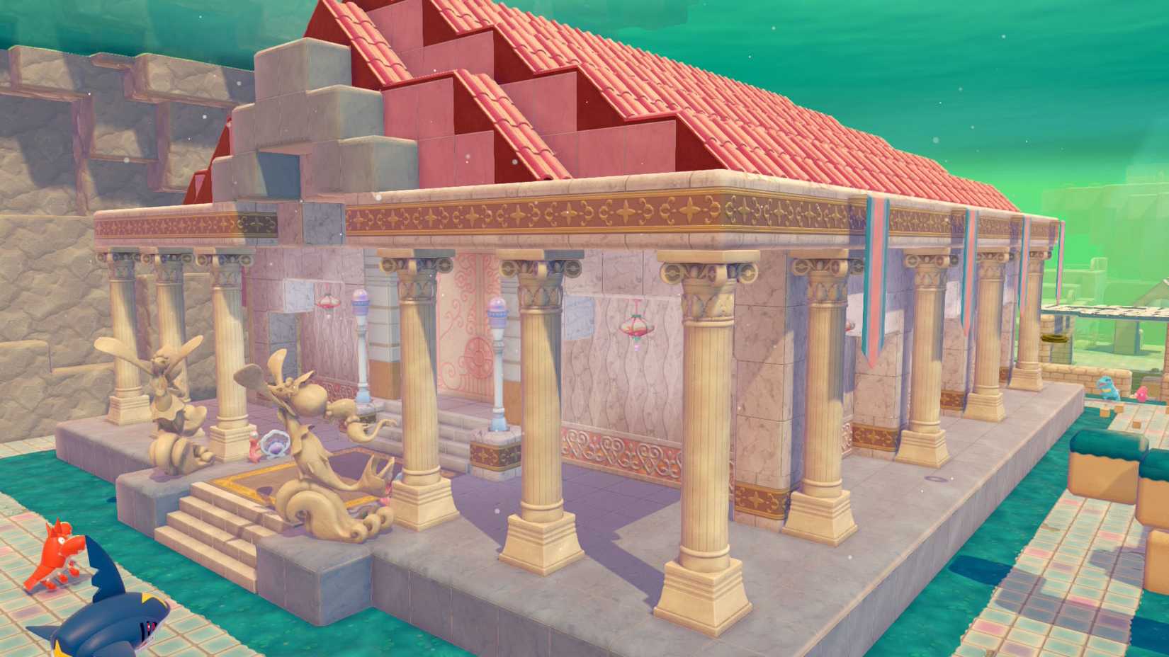 A Pokémon Pokopia screenshot showing the ocean temple in Bubbly Basin