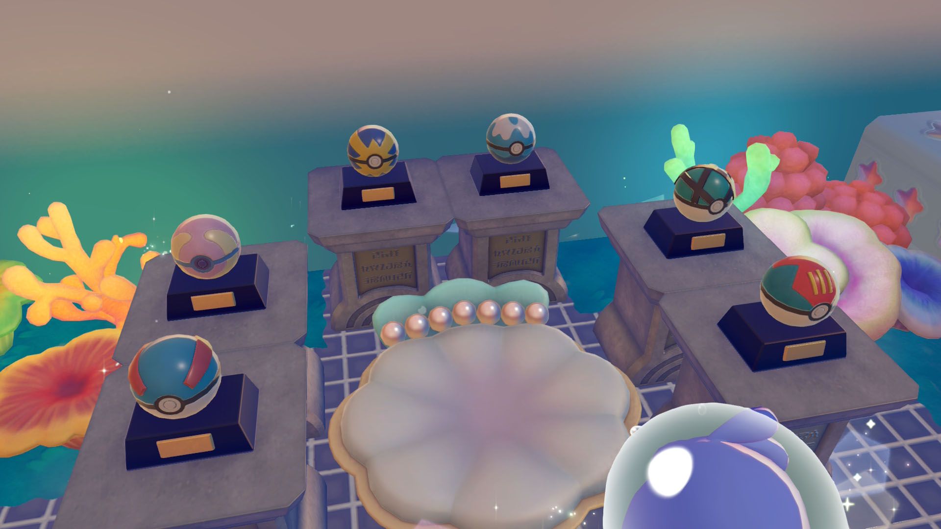 A Pokémon Pokopia screenshot showing all the decorative Poké Balls you need to make a mermaid's gym habitat