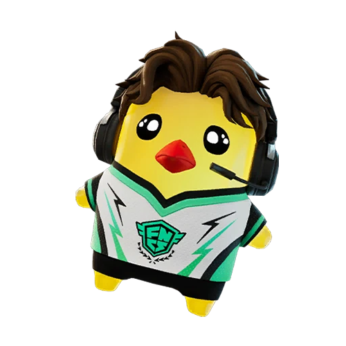 A yellow sprite with brown hair and an FNCS jersey in Fortnite.