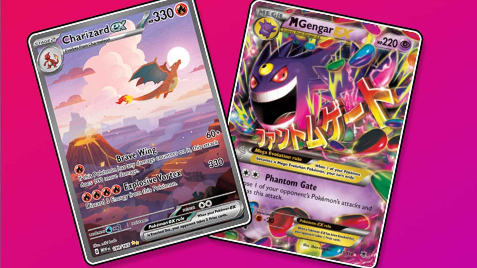 Two of the most likely Pokemon cards to be fake, according to PSA. One is a Charizard card and the other is a Gengar card.