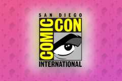 San Diego Comic-Con logo on a pink Polygon background