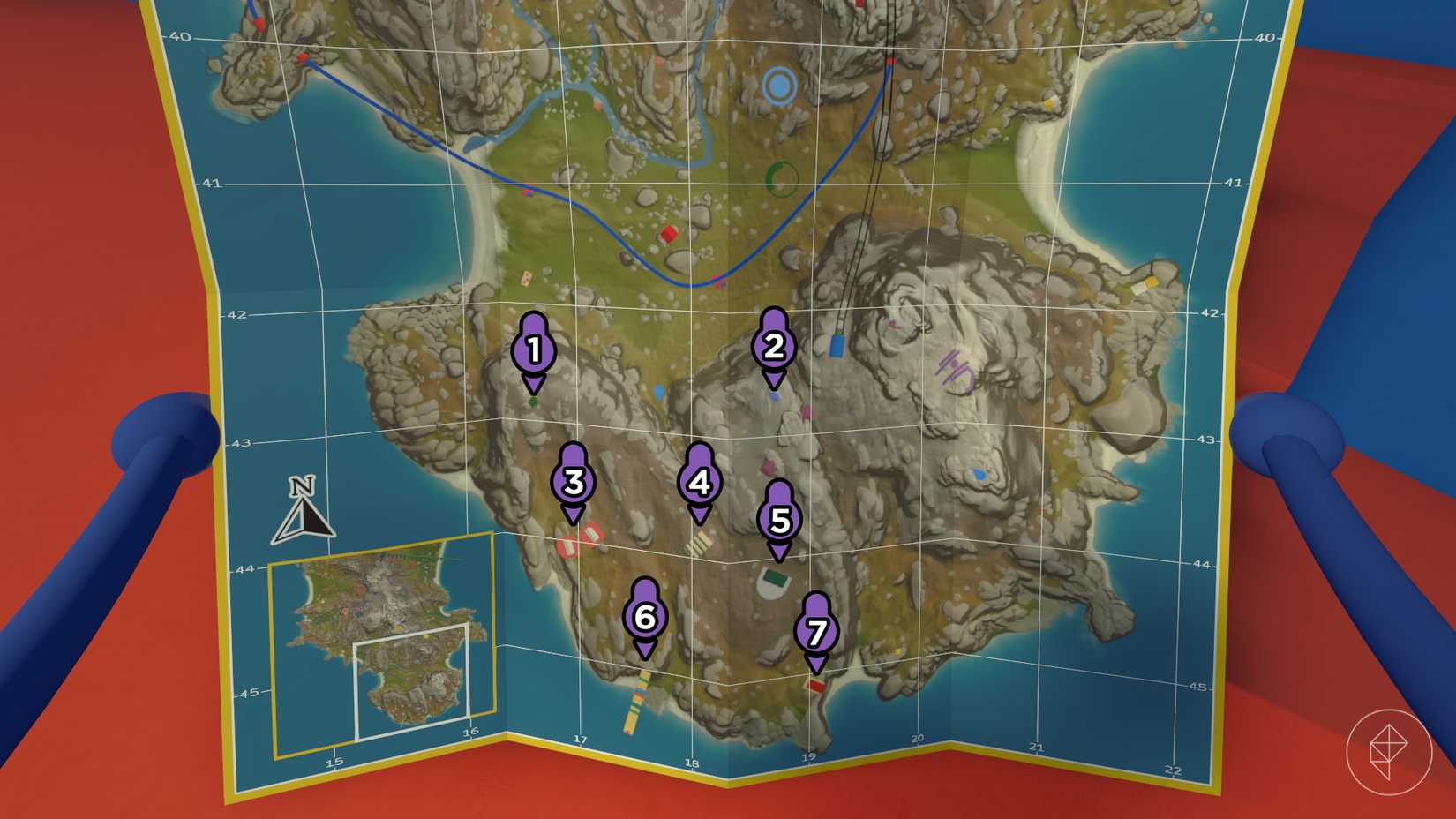 The Big Walk map with the locations of puzzles marked with purple gourds.