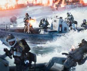 A crew of Battlefield 6 players on a boat shoot down an enemy team.
