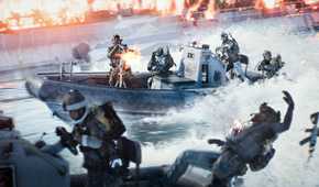 A crew of Battlefield 6 players on a boat shoot down an enemy team.