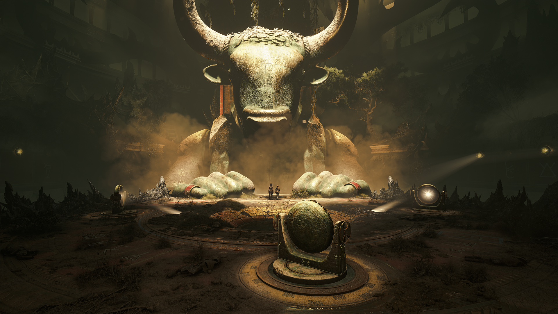 Sophia and Lemi look at the giant minotaur statue in Resonance: A Plague Tale Legacy