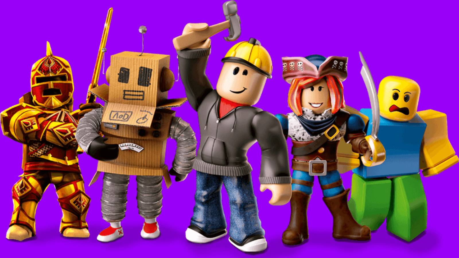 Five Roblox characters stand side-by-side, some with Classic Heads and some with Dynamic Heads.