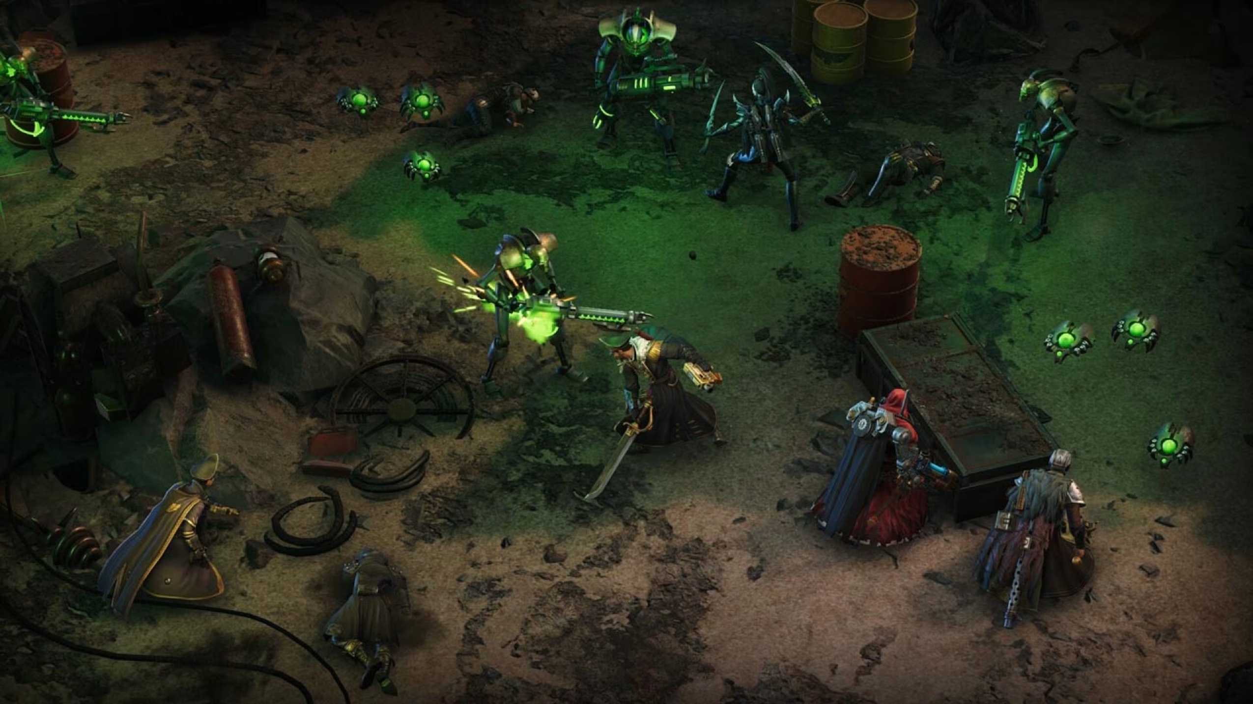 A Rogue Trader character using a melee attack on a robot