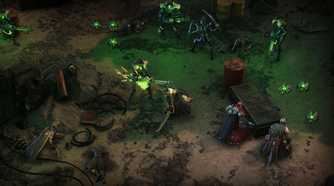 A Rogue Trader character using a melee attack on a robot