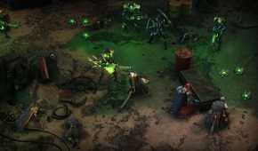 A Rogue Trader character using a melee attack on a robot