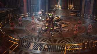 A robot in the middle of a group of soldiers in Rogue Trader