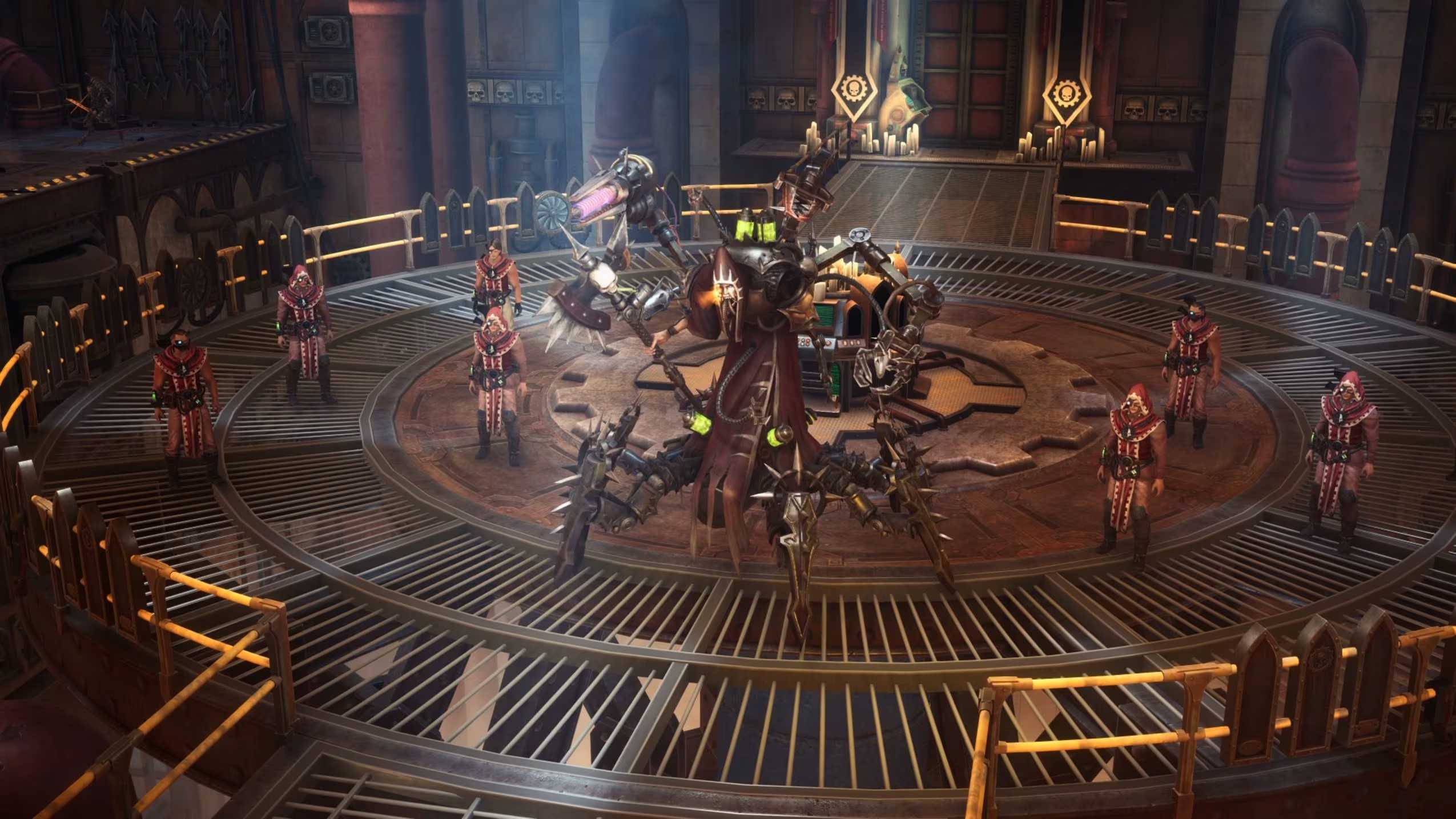 A robot in the middle of a group of soldiers in Rogue Trader
