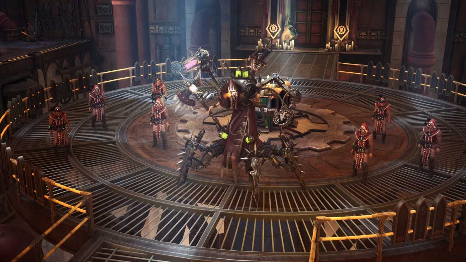 A robot in the middle of a group of soldiers in Rogue Trader