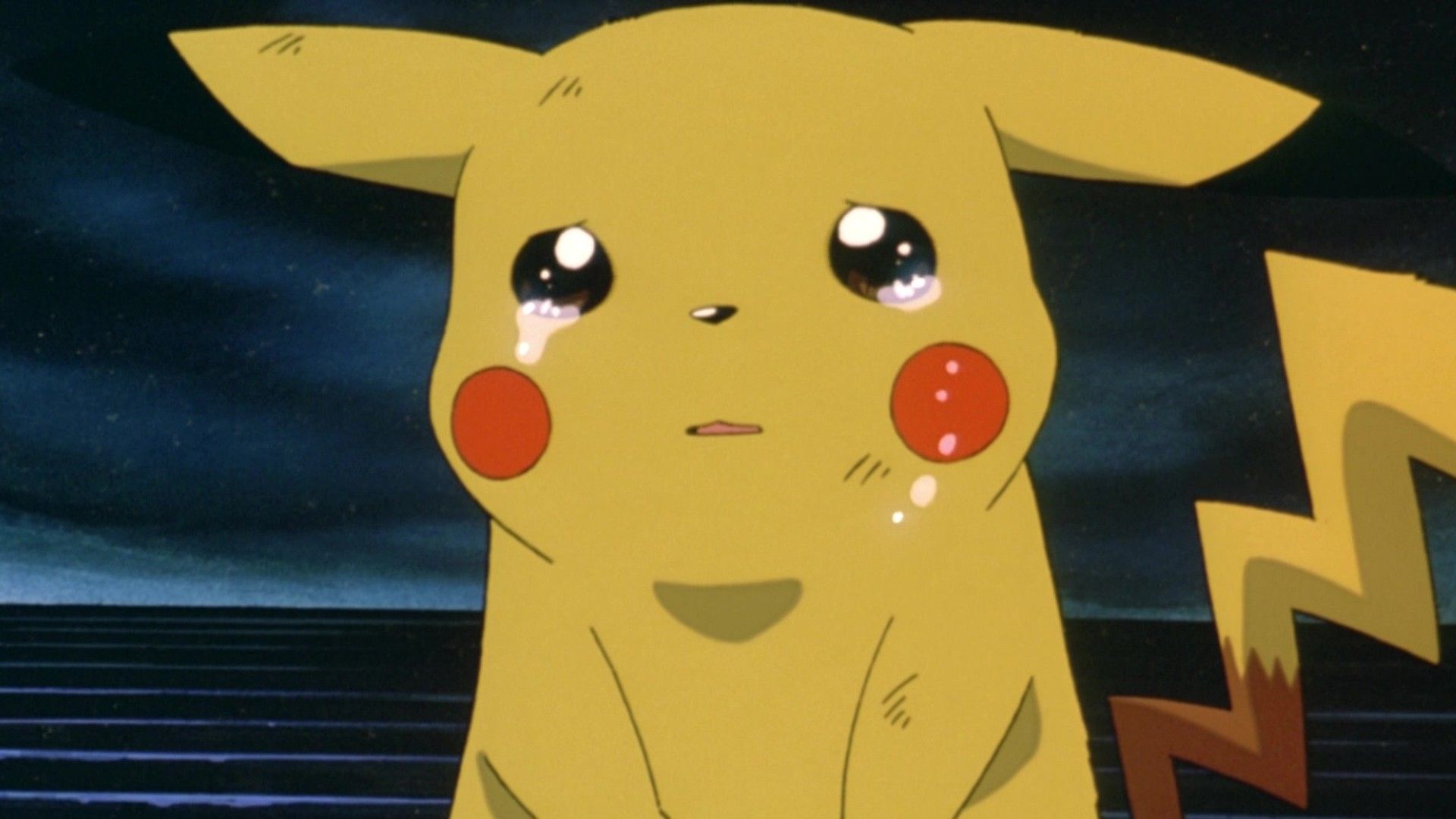 Sad Pikachu, the yellow mouse-like Pokemon, crying in the first Pokemon movie