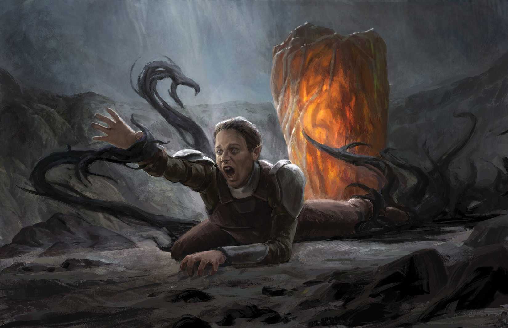 An Amber Sarcophagus reaches out to grab a victim in the D&D Domain of Dread of Ravenloft