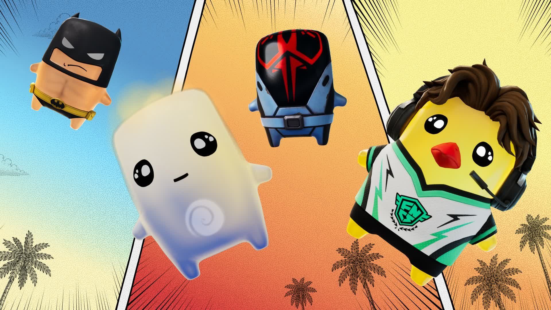 The Batman, Air, Seven, and Pollo sprite in Fortnite.