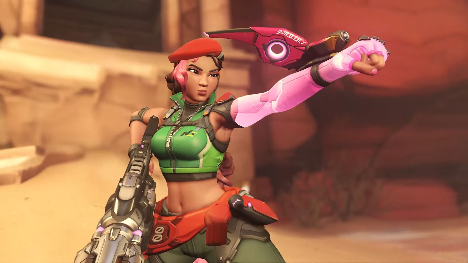 Sierra from Overwatch posing with her drone Dorothy