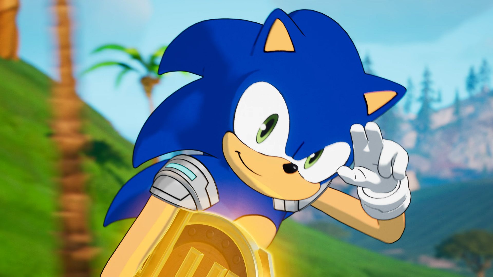 Sonic the Hedgehog from Fortnite Chapter 7 Season 4 saluting to the camera.