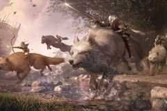 A group of four players rides mounts in Soulframe