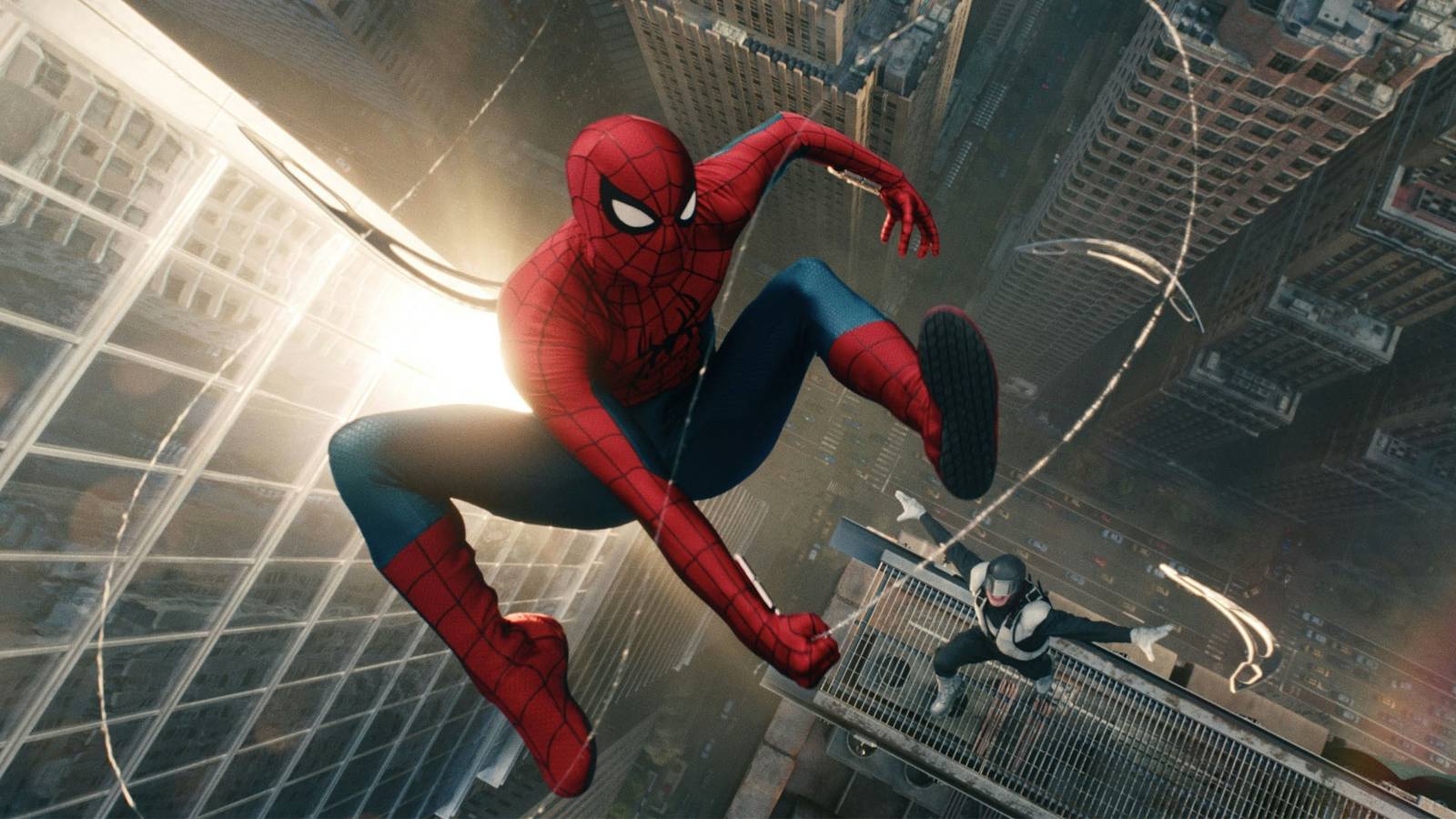 A still from Spider-Man: Brand New Day with Boomerang attack Spider-Man on a rooftop