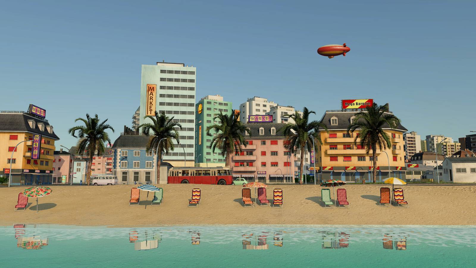 A blimp flies over not Miami Beach in Transport Fever 3