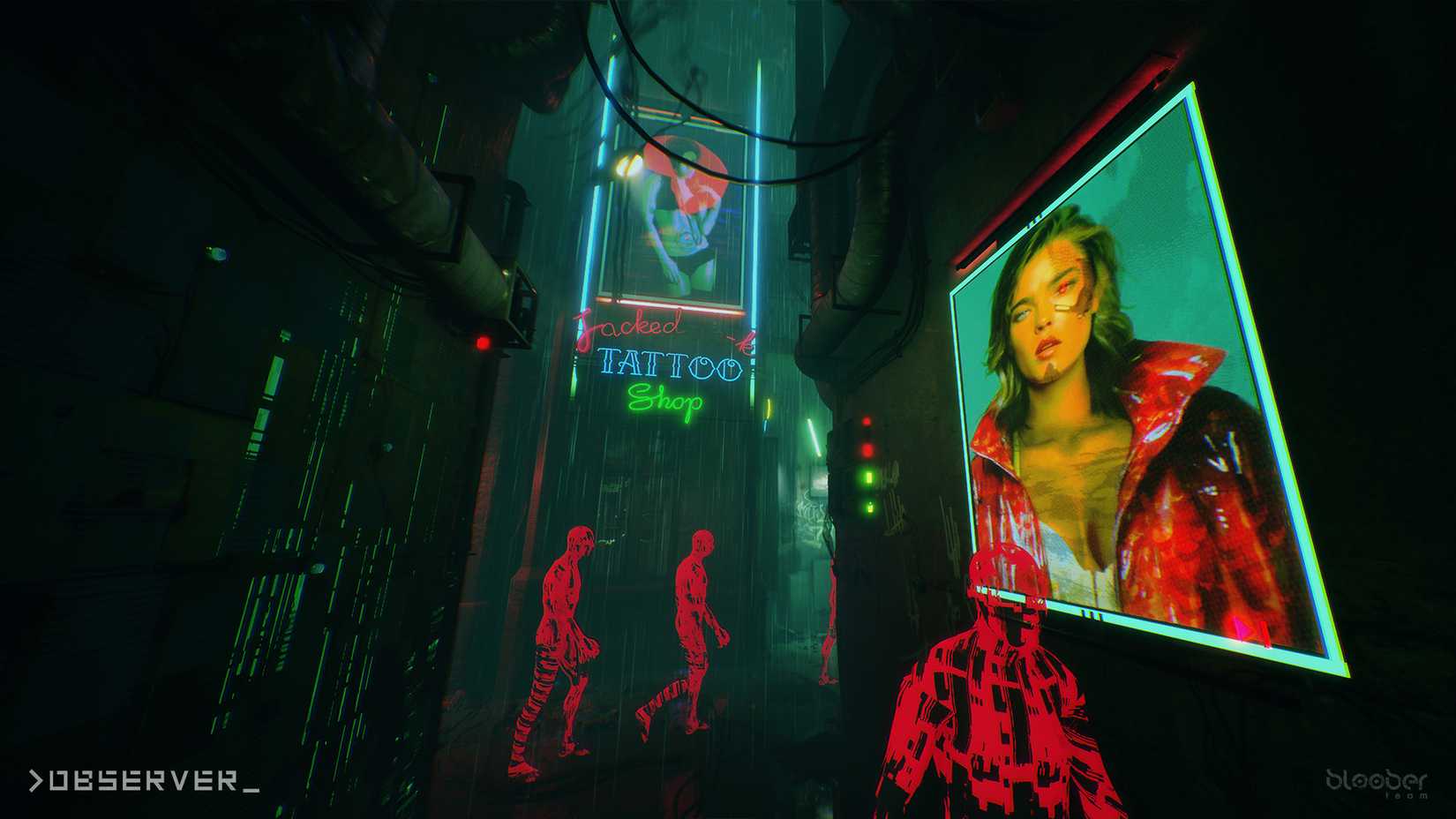 A dark alley with cyberpunk-style billboards and red ghostly figures in a screenshot of Bloober Team’s Observer