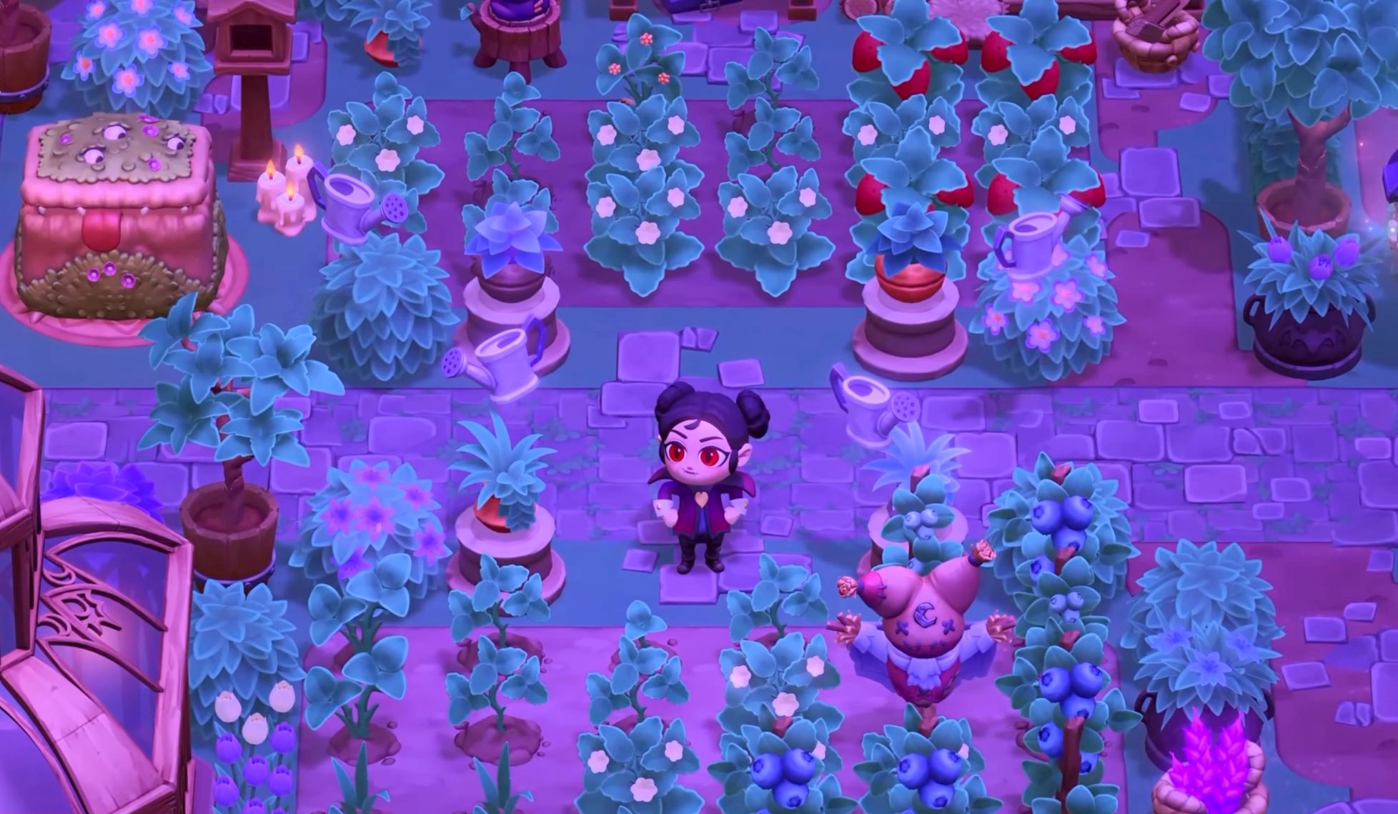 A player character in their garden in Moonlight Peaks
