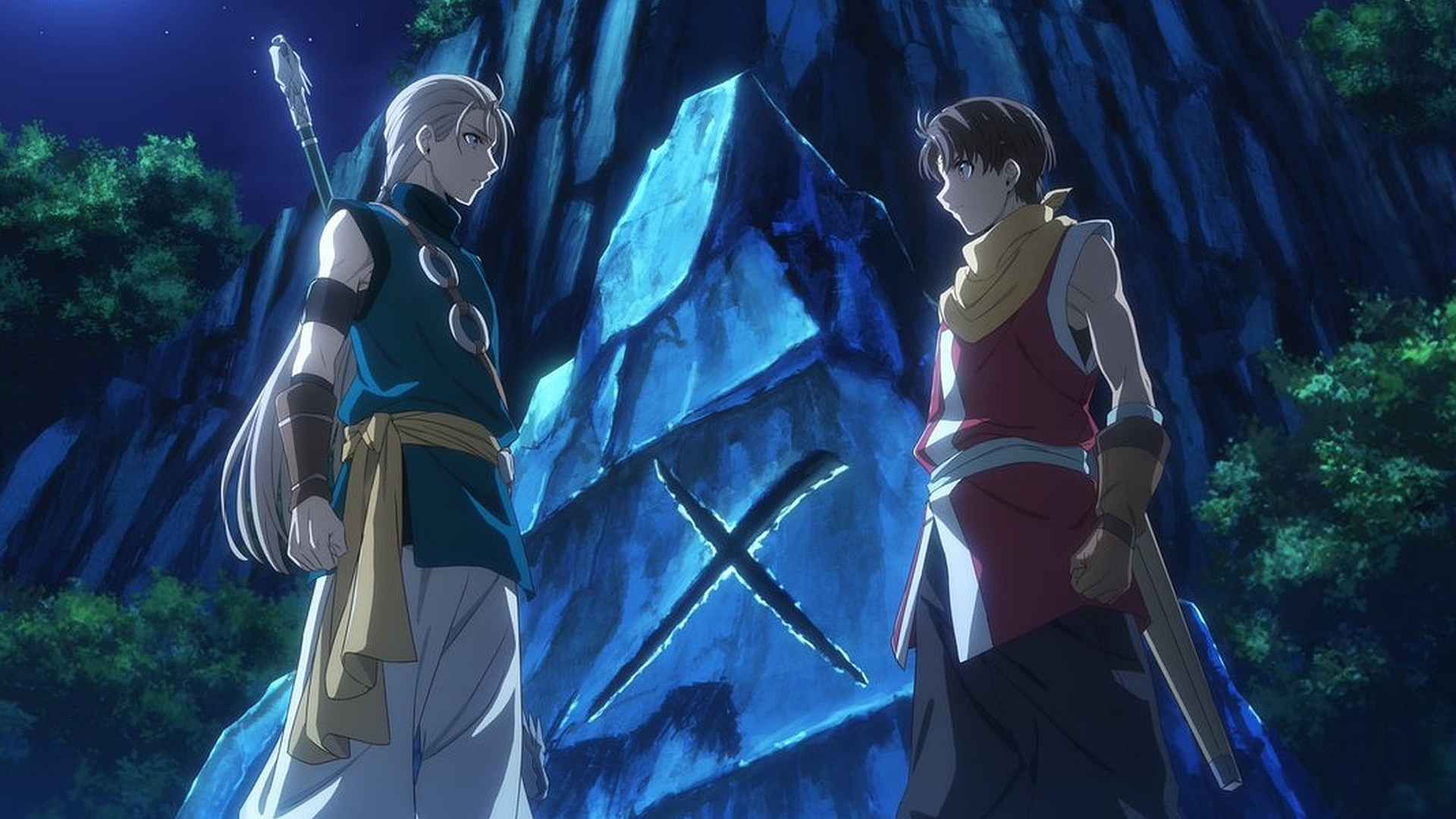 Jowy and Riou face towards each in a still from the Suikoden anime