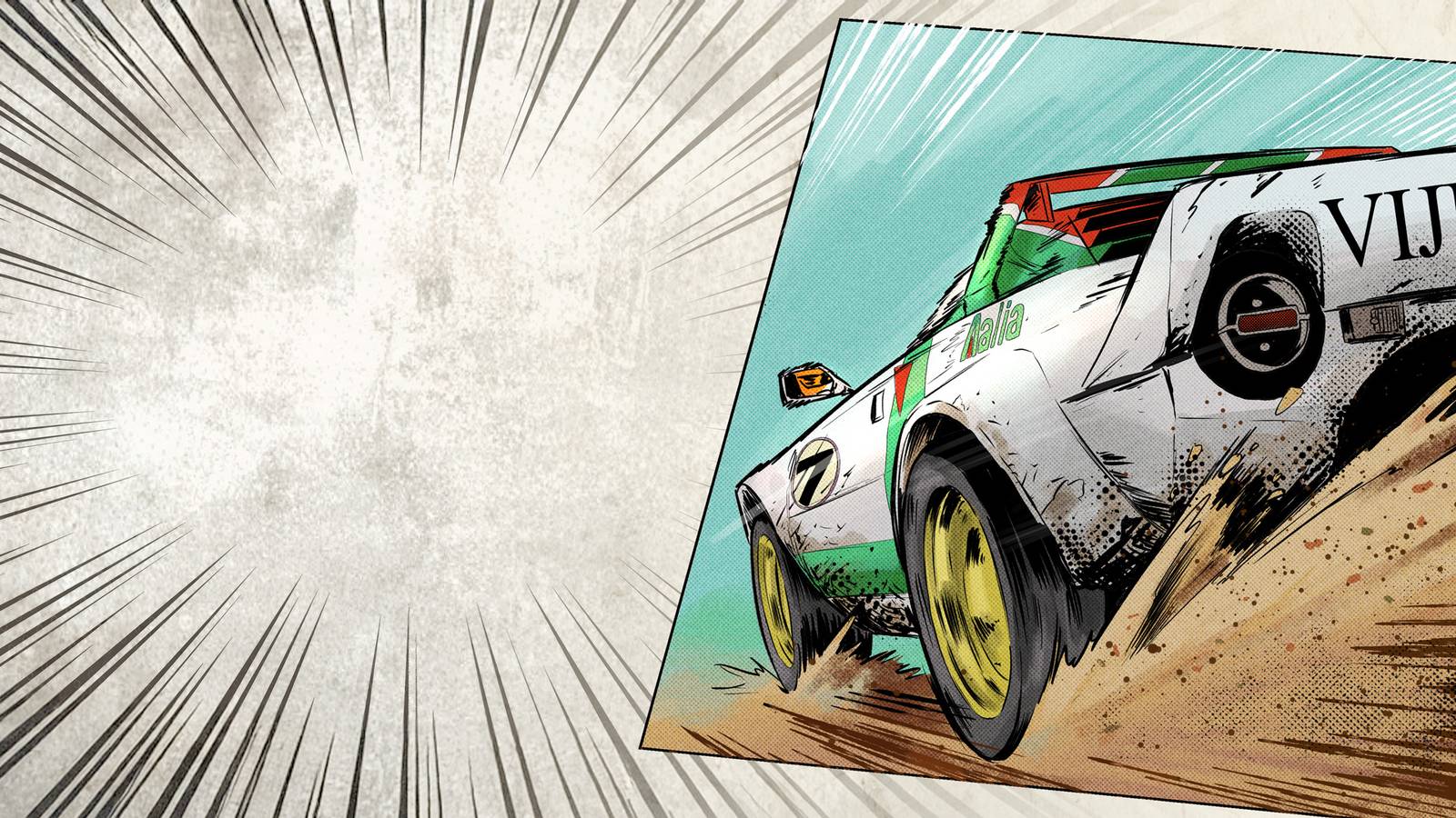 Artwork showing a Lancia Stratos rally car in comic book style
