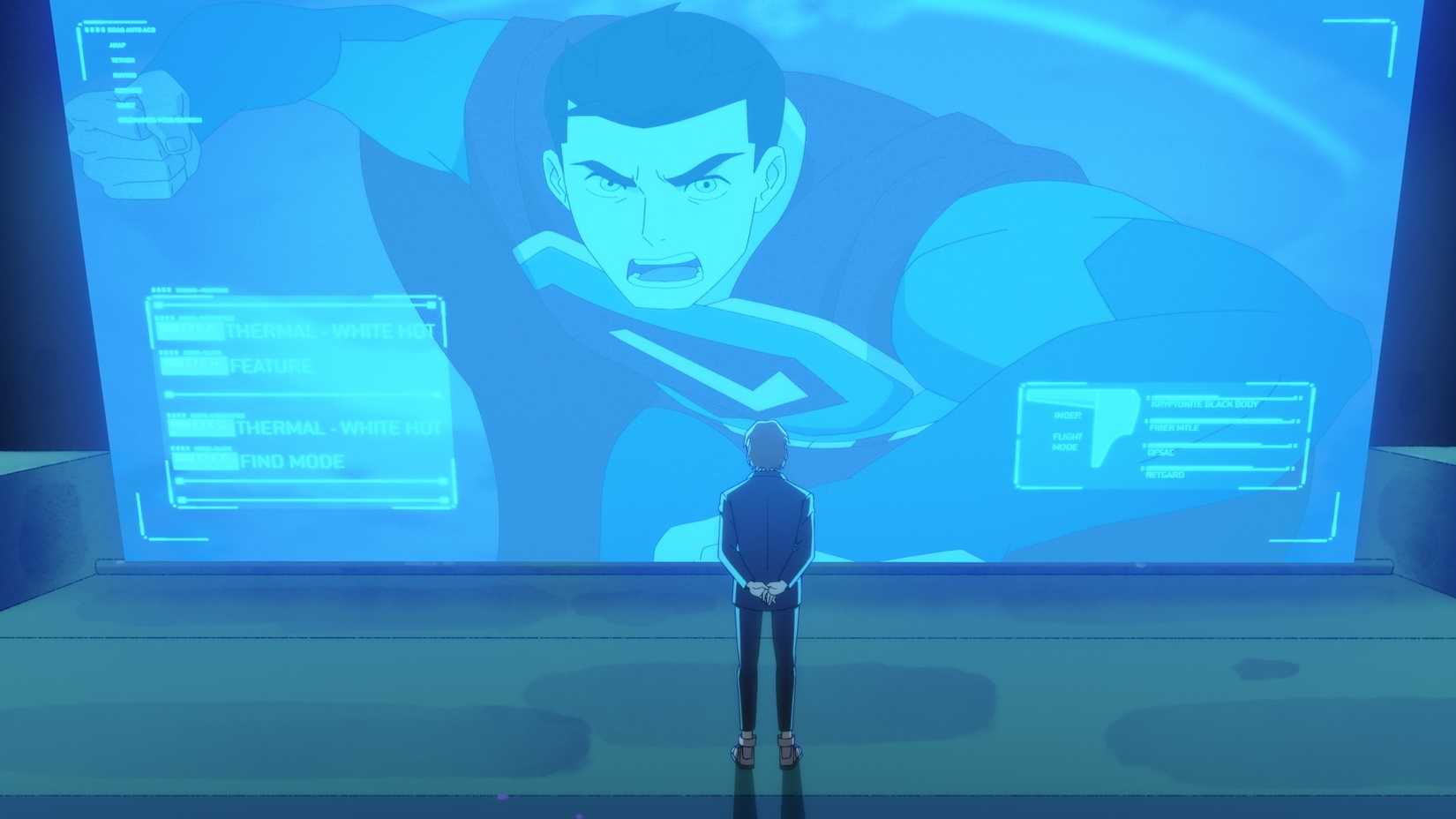 Lex Luthor watches footage of Superman on a giant screen in My Adventures with Superman.