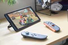 A Switch 2 in tabletop mode playing Mario Kart World