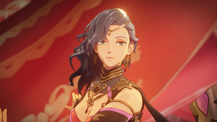 A Fire Emblem character stands in front of a sunset