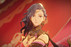 A Fire Emblem character stands in front of a sunset