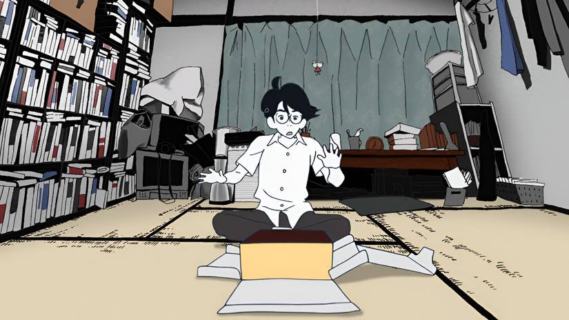 A young man looks surprised after opening a box in The Tatami Galaxy