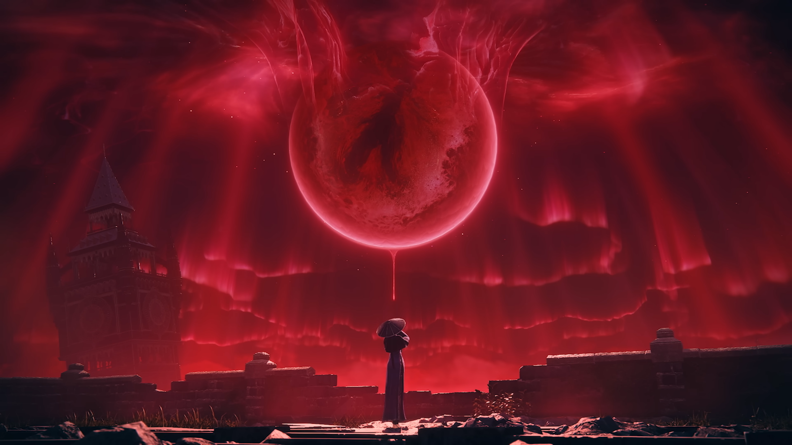 A woman in a blue dress and conical hat underneath a blood red moon and sky.